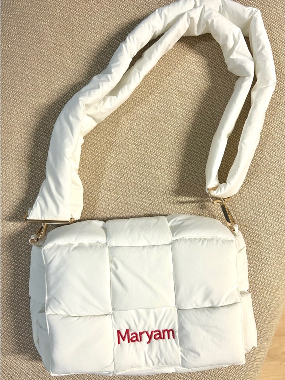 White Quilted Crossbody Bag with Red Embroidery MARYAM